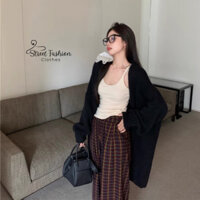 Set áo khoác cadigan len mỏng dáng dài + hai dây basic + quần suông kẻ caro trẻ trung, trenđy