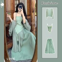 Set Áo Khoác Cardigan Chống Nắng + Áo Hai Dây + Chân Váy Lưng Cao Thiết Kế Mới Thời Trang Theo