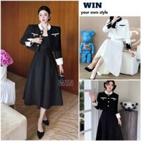 Set áo khoác dạ croptop cổ tàu phối tay kèm chân váy dài dáng xoè thời trang trẻ trung - WIN