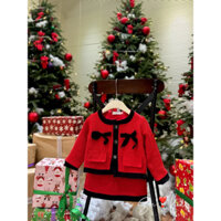 Set áo khoác dạ đỏ nơ đen kèm chân váy cho bé gái mặc noen giáng sinh, tết