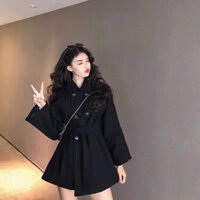 Set Áo khoác dạ kèm chân váy A ngắn màu đen có dây thắt eo - ống tay suông