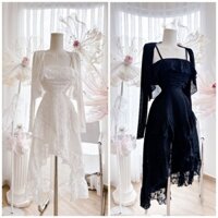 Set áo khoác + đầm ren hoa baby nổi xếp bèo lệch xoè tầng bèo