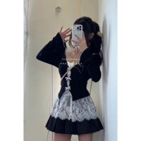 SET ÁO KHOÁC ĐEN TAY DÀI ĐÍNH NƠ + ÁO REN TRẮNG 2S CÚP NGỰC CHÂN VÁY XÈO. HÌNH CHỤP TẠI SHOP 100%