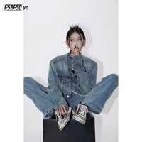 Set Áo Khoác Denim + Quần Jeans 2 Dây Phong Cách Retro Mùa Xuân 2023 Mới Cho Nữ