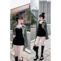 Set áo khoác jean celine + cv body rút dây