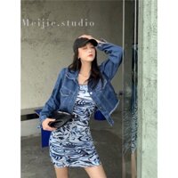 SET áo khoác jeans phối đầm ôm hai dây họa tiết năng động có tách lẻ | hàng order thường về sớm hơn dự kiến ko hủy