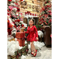 Set áo khoác kèm váy dây đỏ nơ xoè ziczac cho bé gái