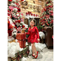 Set áo khoác kèm váy dây đỏ nơ xoè ziczac cho bé gái mặc noen giáng sinh, tết