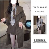 Set Áo Khoác Len Cardigan Dáng Dài+Áo Sơ Mi Kẻ Sọc Tà Kiểu+Chân Váy Xòe Xếp Li Phong Cách Hàn Quốc