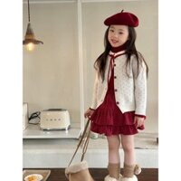 Set áo khoác len chấm nơ đỏ mix chân váy tầng chấm bi siêu đáng yêu dành cho bé gái (Tách lẻ)