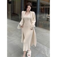 Set áo khoác len dáng dài kèm váy body 2 dây dáng dài  YIMI Set váy nữ thời trang