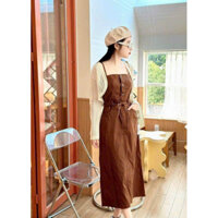 SÉT ÁO KHOÁC LEN KÈM ĐẦM RÚT DÂY EO MÀU Y HÌNH