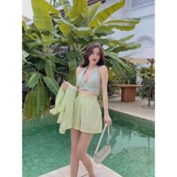 Set áo khoác Sơ Mi+Áo croptop cổ yếm khoét ngực+Quần short