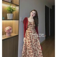 Set áo khoác và đầm xòe hai dây họa tiết hoa lá có mút 4239