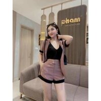 Sét áo khoác vest  áo bra và quần sooc ngắn viền lai sang chảnh - Hồng đất - Freesize