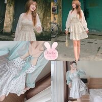 Sét áo khoác voan mỏng mix váy xòe xếp tầng cúp ngực họa tiết vô cùng dễ thương xinh xắn