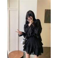 Set Áo Kiểu chiffon Tay Dài Cổ Chữ V Phối Bèo + Chân Váy Tầng Thời Trang Cho Nữ