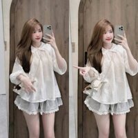 Set áo kiểu cổ tròn tay phồng dài form rộng kèm chân váy borip lưng thun phối ren dễ thương cho nàng diện đi chơi