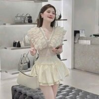 Set áo kiểu cổ V nhún bèo phối chân váy tầng siêu xinh