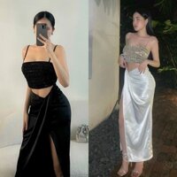 Set áo kiểu croptop 2 dây đính đá kèm chân váy ôm dài xẻ đùi trắng đen, đầm dự tiệc đi bar party quyến rũ gợi cảm sexy