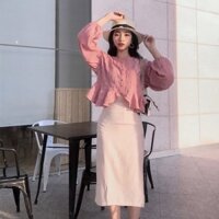 Set áo kiểu nhún bèo chân váy xẻ tà siêu xinh SE328