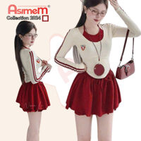 Set Áo Kiểu Nữ Phối Yếm Dài Tay Kèm Chân Váy Ngắn Xoè Lưng Chun (Quần Bảo Hộ) AsimeM, Chân Váy Nữ Dáng Ngắn Cạp Cao -S12