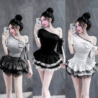 SET ÁO KIỂU THẮT NƠ XÉO VAI MIX CHÂN VÁY TẦNG VIỀN REN