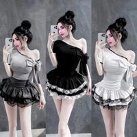 Set Áo Kiểu Thắt Nơ Xéo Vai Mix Chân Váy Tầng Viền Ren Nữ Women Top