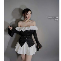 Set áo kiểu trễ vai phối bèo tầng tay dài+ chân váy ngắn xếp ly