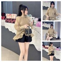 SÉT ÁO KIỂU VẢI TƠ CỔ LỌ ĐÍNH BÔNG, TAY DÀI, TÀ BÈO PHỐI QUẦN SHORT CHẤT TAPFTA🌺dễ thương, trẻ trung🫰đi chơi, dạo phố👍