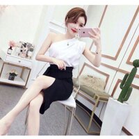 Set áo lệch vai kèm chân váy body xẻ tà - Trắng,Free size