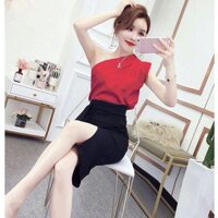 Set áo lệch vai kèm chân váy body xẻ tà - Đỏ,Free size
