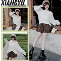 Set áo lệch vai mix chân váy xếp ly nâu vintage/ Set váy nữ siêu hot áo kèm bra bên trong, chân váy 2 lớp Xiangyu