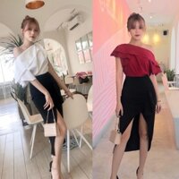 Set áo lệch vai và chân váy xẻ