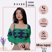 Set áo len 2 in 1 họa tiết kẻ trám, chất len mềm mại, dáng croptop full 2 màu, phong cách quyến rũ Hàn Quốc