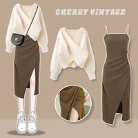 Set áo len croptop lệch vai phối cùng váy xẻ tà màu nâu cực sang chảnh