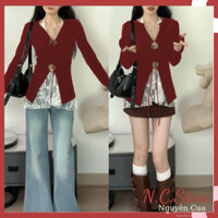 Set Áo Len Dài Tay 2 Cúc To Xẻ Vạt Sâu Tạo Kiểu Cùng Áo Ren