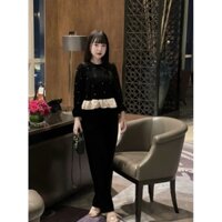 Sét áo len đính đá bèo tơ kem mix quần dài.