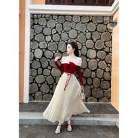 Set áo len đỏ xoắn trẻ vai zip ôm dáng mix chân váy xếp ly voan cực hot dành cho chị em