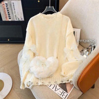 Set áo len form dài đính nơ kèm túi bông cực tiểu thư hàng QC xinh ạ