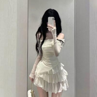 Set áo LEN GIẤY trễ vai rúm eo vạt chéo ôm body mix chân váy ngắn voan 3 tầng có lót quần