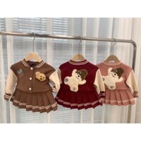 sét áo len hình gấu qccc loại 1 kèm chân váy len cho bé gái, sét len cho bé gái