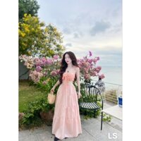 Set áo len hồng 2 dây cúp croptop cột nơ đính  + chân váy maxi xoè