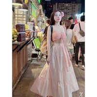 Set áo len hồng 2 dây cúp croptop cột nơ đính mix chân váy maxi xoè