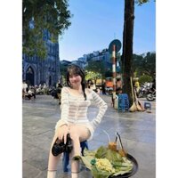 SET áo len kẻ sọc ngang trễ vai TD + CV ren trắng