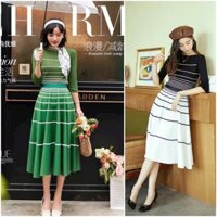 Set áo len kèm chân váy xòe kẻ sọc tiểu thư - Set váy len thu đông