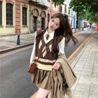 Set Áo Len Không Tay Cổ Chữ V Dáng Rộng + Áo Khoác Đính Đá Cao Cấp Thời Trang Dành