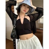 set áo len lưới khoác dây buộc kèm yếm rút dây (1390-2#)