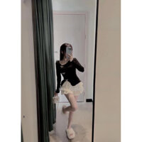 Set áo len mỏng kèm chân váy tầng