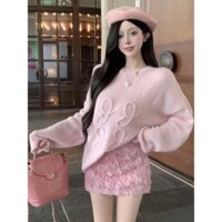 Set áo len mongtoghi mỏng màu hồng form rộng kèm chân váy hoa hồng YIMI Set len nữ tiểu thư